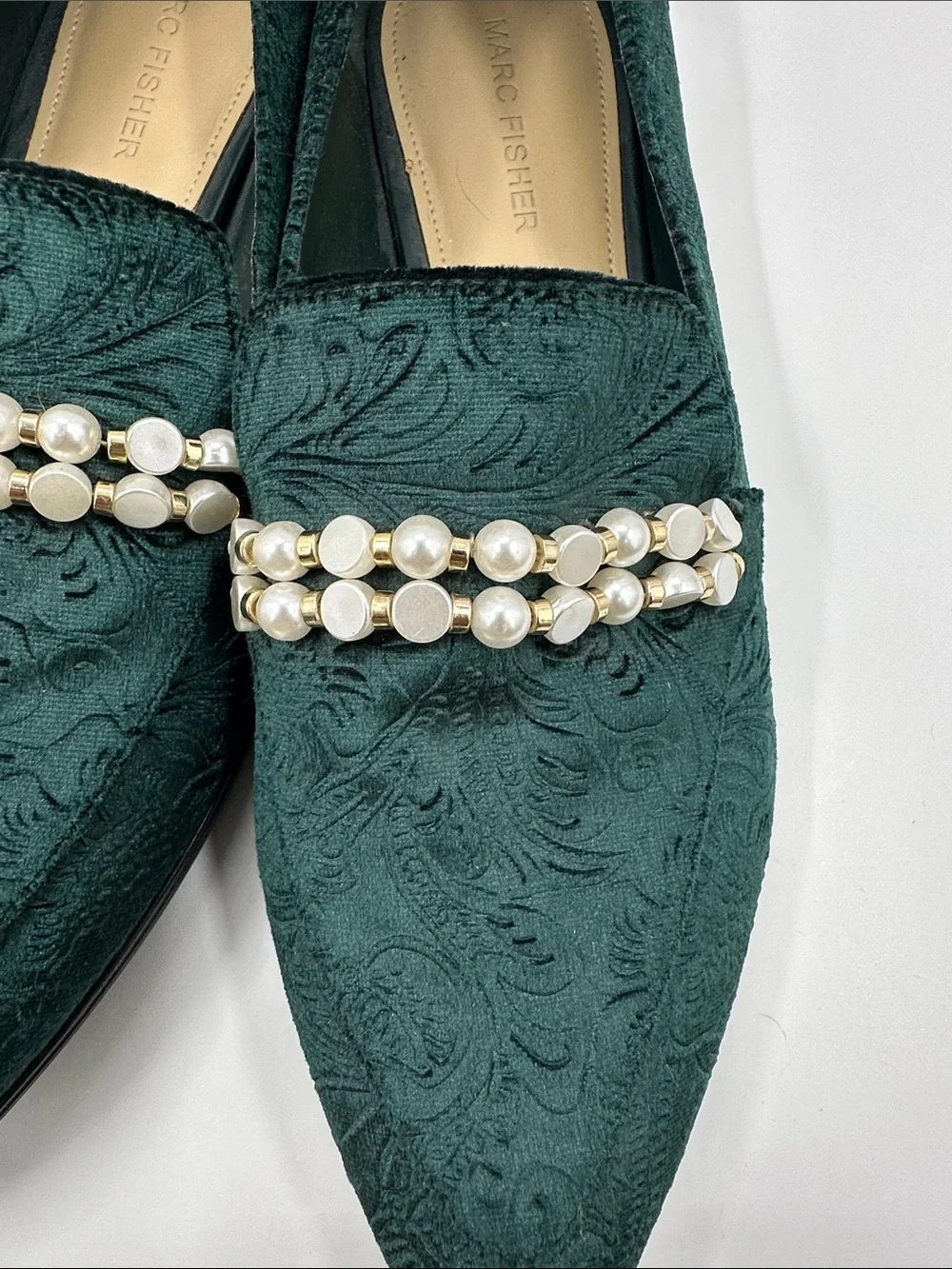 Marc Fisher Kneel Loafers Emerald Green Pearl-Trim Pointed Toe Flats Maximalist